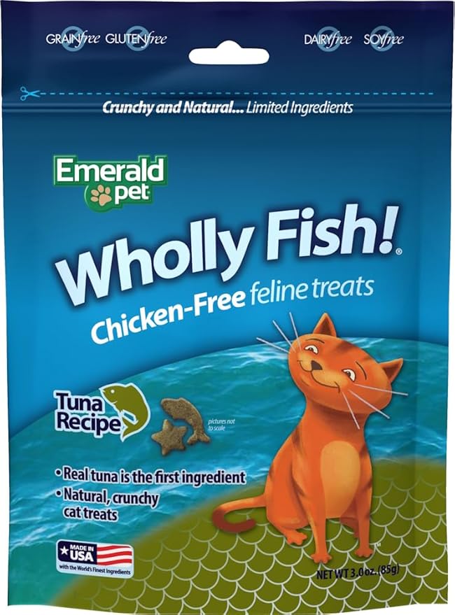 EMERALD PET Wholly Fish! Chicken-Free Feline Treats, Tuna Recipe — Tasty and Crunchy Tuna Cat Treats with Real Tuna — Chicken Free, Grain Free, Natural Cat Treats — Made in USA, 3 oz