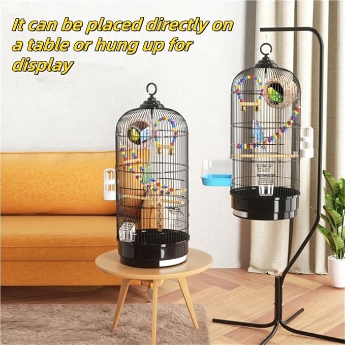 Bird Cage with Wire Mesh, Round Iron Bird Cage, Indoor Parrot Cage, for Small Parrots Parakeets Cockatiels(Black)