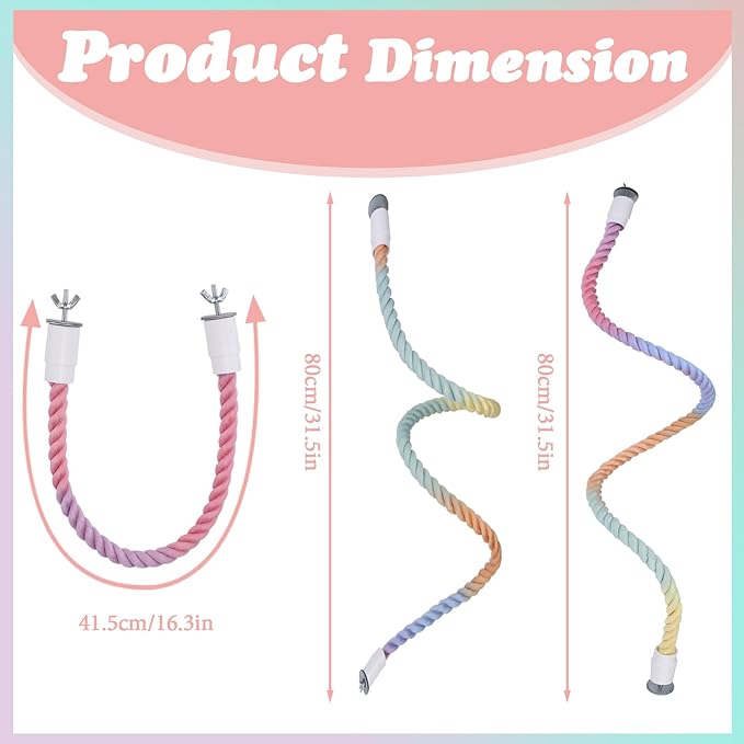 3 Pieces 79''/2 M Bendable Bird Rope Perch Stand, Colorful Climbing Rope Perches for Bird Cages Swing Pole Parrot Parakeet Cockatiel Lovebird Budgie Accessories 1 Short & 2 Long