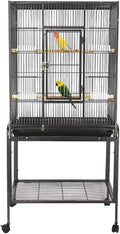 53 Inch Bird Cage with Wooden Perches, Standing Wrought Iron Birdcage Large Parrot Flight Bird Cage with Rolling Stand Birdcages for Cockatiels African Grey Quaker Lovebird Canary Budgie Finch Black
