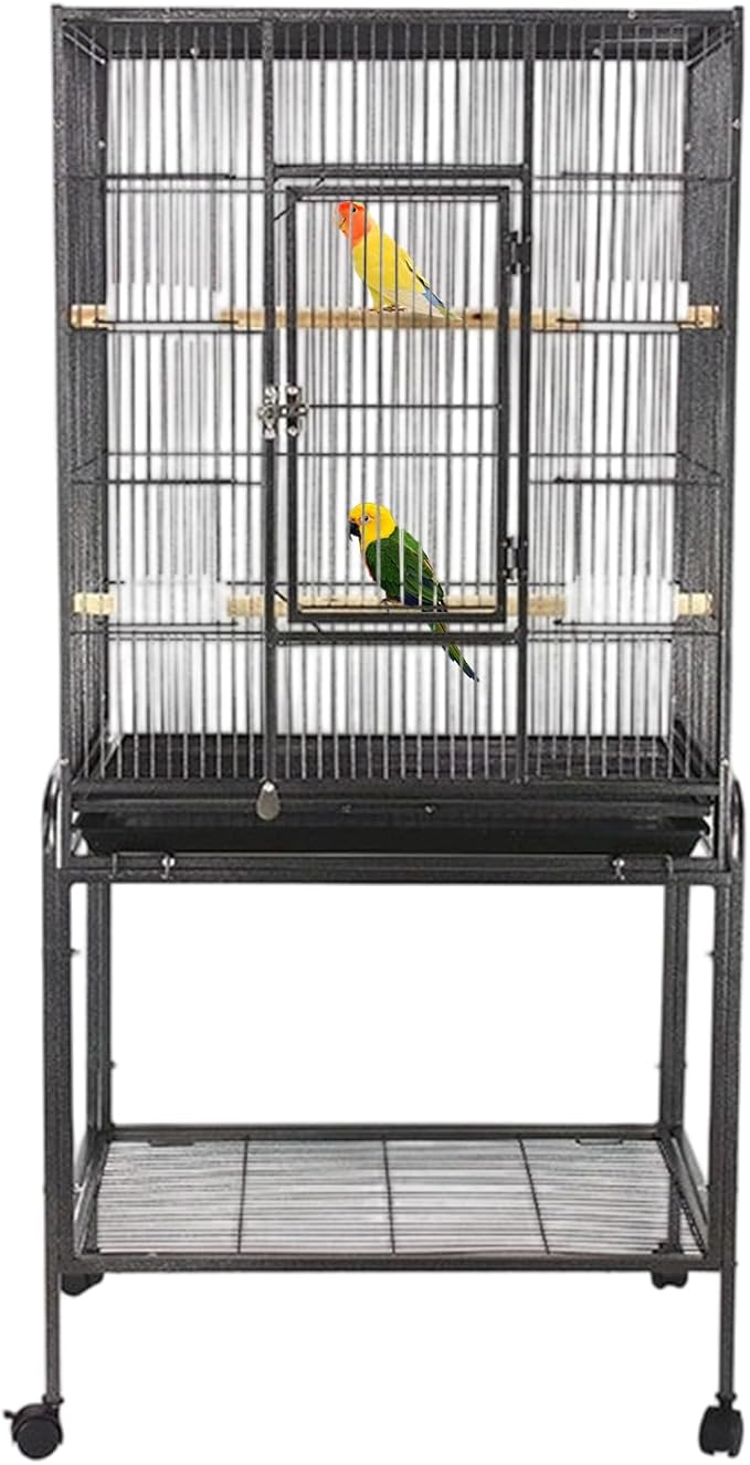 Bird Cage with Wheels, 53 Inch Bird Flight Cage, Wrought Iron Standing Large Parrot Parakeet Flight Birds Cages with Slide Out Tray Parrot Metal Parakeet Cages with Wooden Perches Black