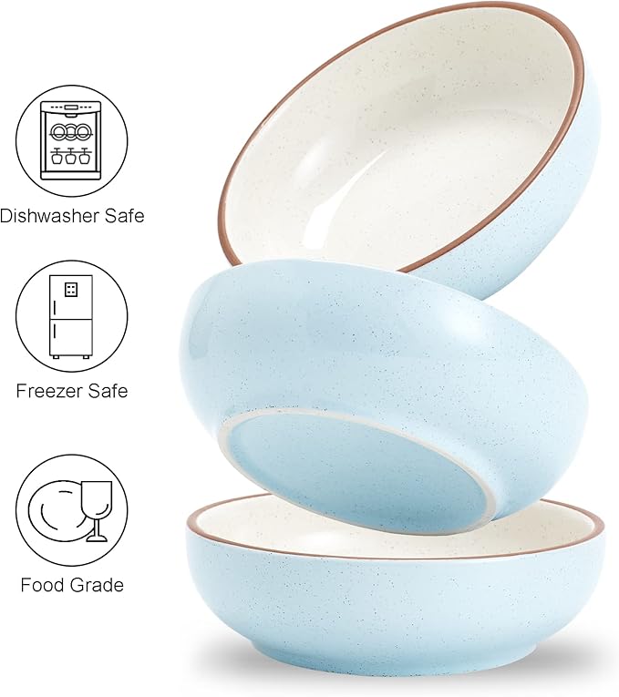 5.3 in Ceramic Cat Dishes - Shallow Food Bowls for Small Pets, 3 Pack for Food and Water - Blue
