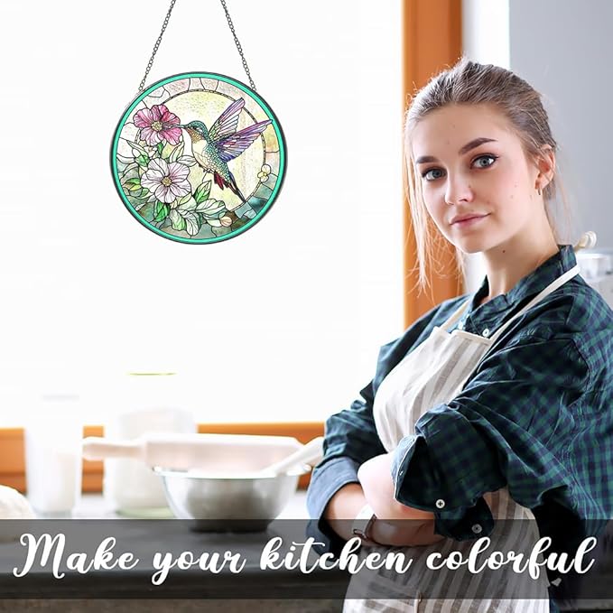 Hummingbird Suncatcher with Floral Nectar Design, Stained Glass Suncatcher - Stained Glass Window Hanging for Nature Lovers, Unique Gift for Bird Enthusiasts, Indoor/Outdoor Garden or Home Decoration
