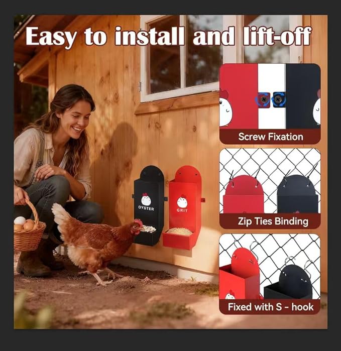 Chicken Grit and Oyster Shell Feeder Combo, Heavy Duty Metal Automatic Chicken Feeders，Stable Chicken Feeder - Anti-Tip Rod Included, Chicken Coop Accessories Built for Busy Keepers