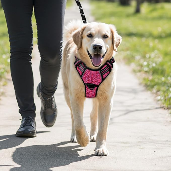 BARKBAY No Pull Dog Harness Large Reflective Dog Harness with Front Clip and Easy Control Handle for Walking Training Running with ID tag Pocket(Pink/Black,M)