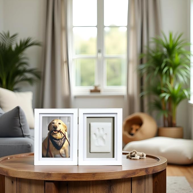 Pearhead Pet Paw Print Memorial Frame with Clay Imprint Kit, Dog & Cat Pawprint Keepsake Wood Photo Frame, DIY No Bake Paw Print Kit, 4x6 Picture Display, White