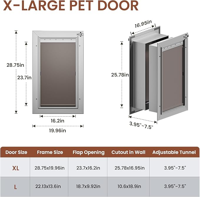3-Flaps XL Dog Door for Wall, Rust Proof Aluminum Alloy Extra Large Doggy Door, Heavy Duty Pet Door with Dual Lock, Extreme Weather XLarge Dog Doors for Interior Exterior Wall, Pets Up to 220LB