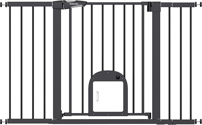 Babelio 36.5-57" Extra Wide Baby Gate with Cat Door, CatPrivilege Ⅲ, Auto Close & Two Way Swing, Pressure Mounted Dog Gates for Stairs, Doorways, Includes 4 Wall Cups and 3 Extension Pieces, Black