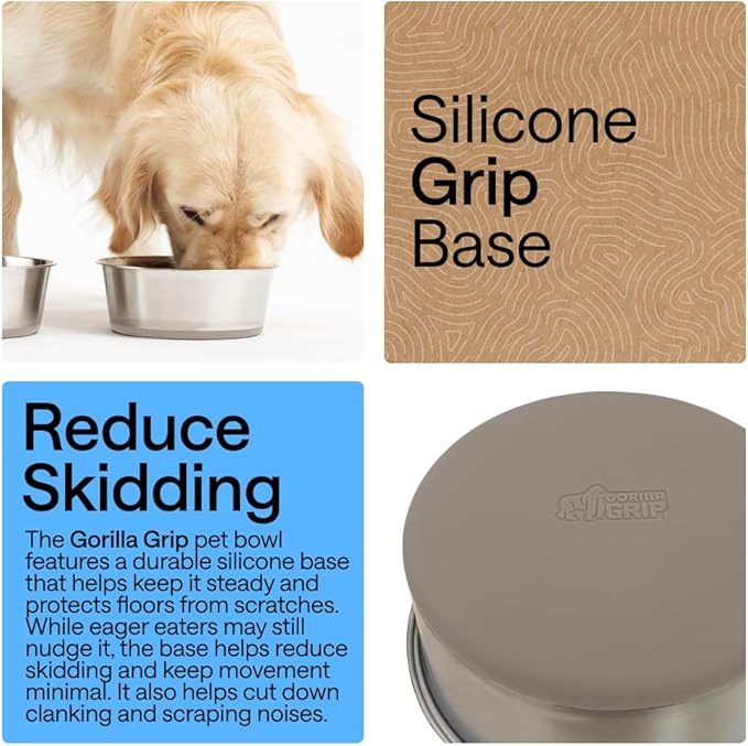 GORILLA GRIP Dog Bowls, Holds 4 Cups Each (32 fl oz), Heavy Duty Stainless Steel Food and Water Bowl for Feeding Dogs and Cats, Dishwasher Safe, Rust Resistant, BPA Free Rubber Base, Set of 2 Beige