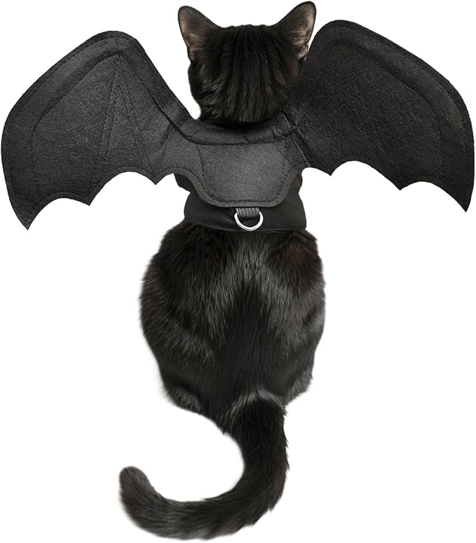 Batwing Cat Costume with Leash Hook - Soft Felt Kitten Costume, Adjustable Cat Puppy Clothes for Cosplay Party Walks (M)