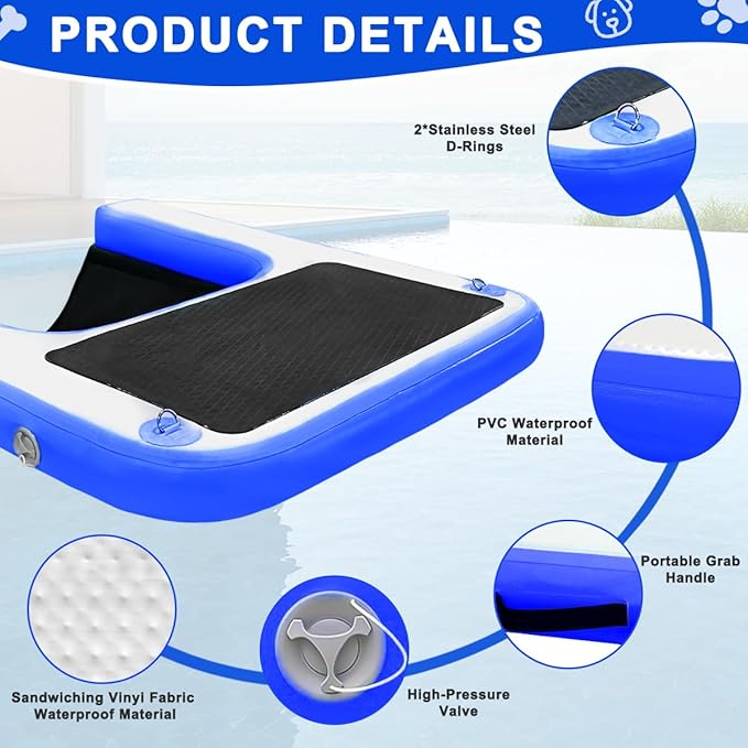 Inflatable Dog Boat Ramp, Non-Slip EVA Dog Float Floating Ramp Ladder for Pools Boats Docks, Safe & Easy Water Access for Large Dogs, Blue