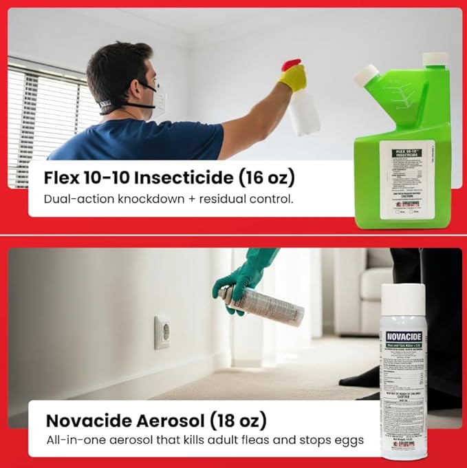 All-in-One Flea & Tick Control Kit – Indoor/Outdoor Program with Flex 10-10, Novacide, Martin’s IGR, InTice 10, CimeXa dust, Petcor 2, Plus Bait Stations, Sprayer & Gloves.