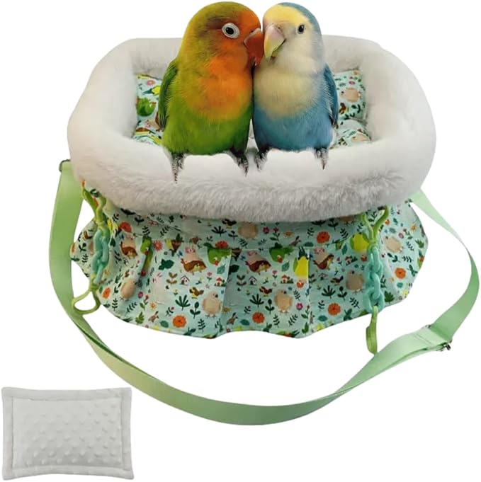 2 in 1 Warm Bird Carrier Bag, Bird Hammock Bed for Cage, Winter Travel Bag, Portable Parrot Outing Bag for Lovebird, Budgie, Conure, Quaker, Small Medium Birds (Green,Small)