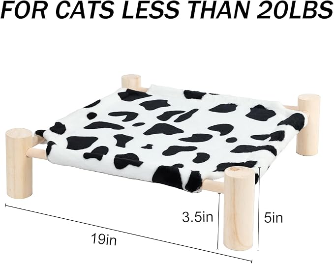 Patas Lague Cat and Dog Hammock Bed for Small Dogs, Brethable Wooden Cat Pet Rabbit Elevated Outdoor Bed Cots Furniture for All Seasons Fleece Cow Print