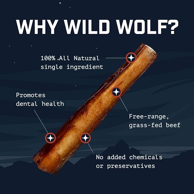 Wild Wolf 6-inch Angus Bully Sticks (8oz./~9-11 Sticks) Healthy, All-Natural, Long-Lasting Dog Chew Bones - Low Odor - Mixed Thickness - Lab-Tested, Hand-Inspected and Packed with Love in The USA