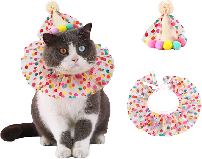 Cat Holiday Costume Hat with Bandana, Cat Hat with Polka Dot Tutu Collar, Pet Outfits for Small Dogs Bunny Birthday Party Decoration, Hat and Bandana Set