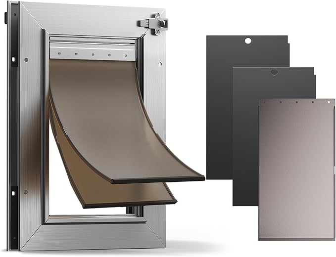 All Aluminum Cat Door, Heavy Duty Doggy Door for Interior and Exterior Doors, Small Dog Door with 2 Magnetic Flaps & 1 Replacement Flap, 2 Closing Panels, Durable Pet Door for Pets Up to 22Lb