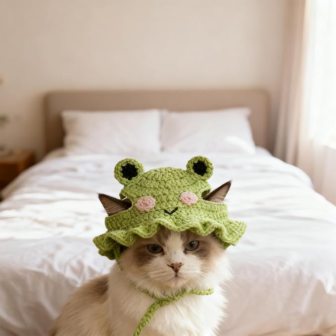 1 PCS Cat Hat Cute Frog Shape Pet Cap Frog & Flower Cats Hat Cotton & Soft Cute Knitted Cats Hats Cutes Knitted Cat Costume for Small Pets (Green, M)