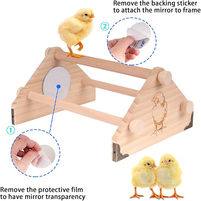 Pine Chicken Perch with Mirror and Metal Corners, Strong Solid Mini Small Chick Jungle Gym Roosting Bar, Chicken Toys for Coop and Brooder, Training Perch Toys for Large Bird, Parrot, Macaw, Hens