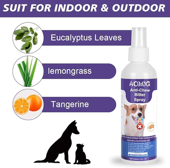 AOMIG Bitter Apple Spray for Dogs to Stop Chewing Licking, No Chew Spray for Dogs, Alcohol-Free Dog Deterrent Sprays to Anti-Chew Furniture Shoes, Indoor & Outdoor Safe Effective Training Aid, 200ml