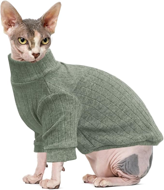 Idepet Sphynx Hairless Cats Sweater Shirt Kitten Soft Puppy Clothes Pullover Cute Cat Pajamas Jumpsuit Cotton Apparel Pet Winter Turtleneck for Cats and Teacup Chihuahua Small Dogs(Green,XL)