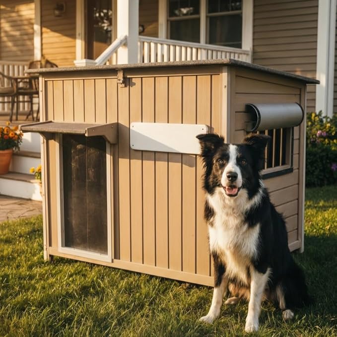 Dog House Outdoor Weatherproof & Wooden Dog Kennel with Chew-Proof Iron Frame，Removable Floor, Adjustable Vent Window, Easy Assembly for Medium Dogs (43.3" L x 29.5" W x 33.5" H)