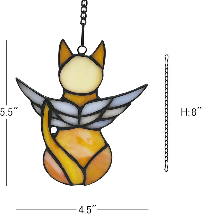 Handcrafted Stained Glass Orange Angel Cat Suncatcher - Pet Memorial Gift with Colorful Wings, Cat Lovers Sympathy Gift, Home Window Decor