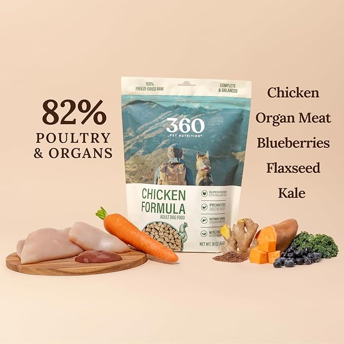 360 Pet Nutrition Freeze-Dried Raw Dog Food – Chicken Recipe with Liver & Organs, High Protein, Omega-3s, Fruits, Veggies & Superfoods, Grain-Free, No Fillers 4 x 16 oz Made in USA