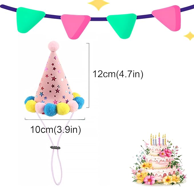 2-PC Pet Birthday Party Costume-Puppy Pink Adjustable Collar Saree with Colorful Balls and Cute Star Hat Soft Costume Accessory for Dogs Cats