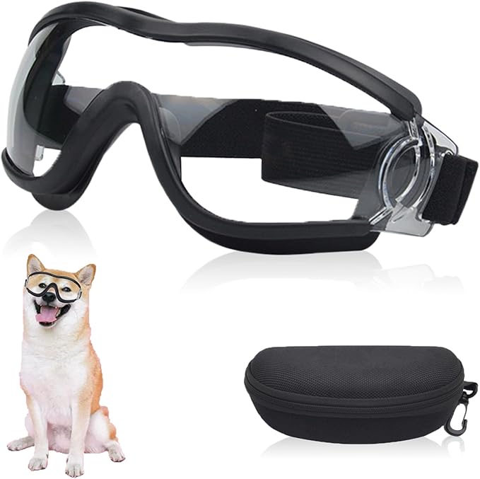 Dog Sunglasses Pet Goggles for Medium Large UV Protection Wind Protection Dust Protection Adjustable Strap Dog Glasses Suitable for Snow Beach Motorcycle (Black Frame Transparent)