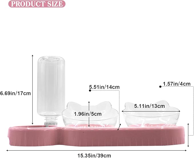 Triple Cat Bowls,15°Tilt 3-in-1 Water Feeder Bowls Cat Double Food Bowls with Automatic Water Bottle Bowl, Whisker Friendly Wet and Dry Cat Elevated Feeding Dishes for Small Cat and Puppy (Pink)