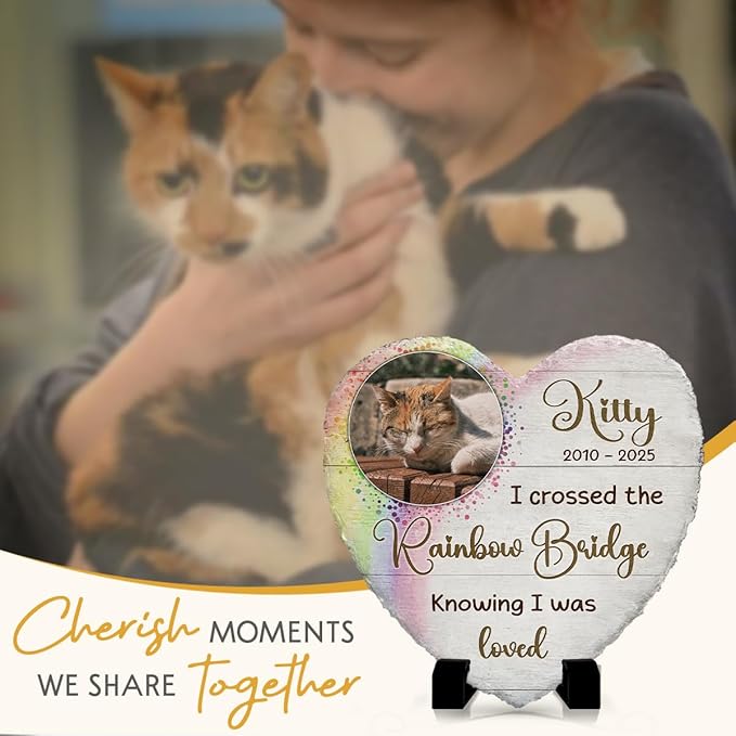 Custom Memorial Stones for Cats - Pet Heart Headstones Plaque - Cat Mom Rainbow Bridge Gifts for Cat Lovers at Her Loss