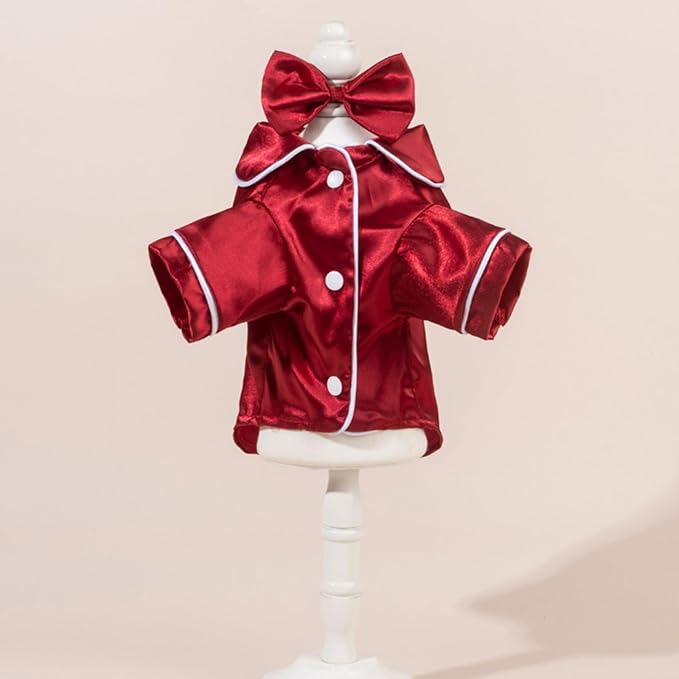 Cat Puppy Costume Elegant Satin Pajamas with Bow Headband 2PCs Set Pet Sleepwear Cute Pet Outfit Cosplay Partywear Photoshoots (red Set,Large)