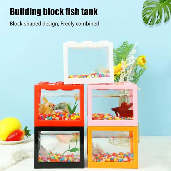 Small Betta Fish Tank,Mini Fish Tank Aquarium Tank Kit,Desktop Stackable Cube Tank for Sea Monkey Shrimp Moss Balls Insects (Building Block Fish Tank 4 PCS)