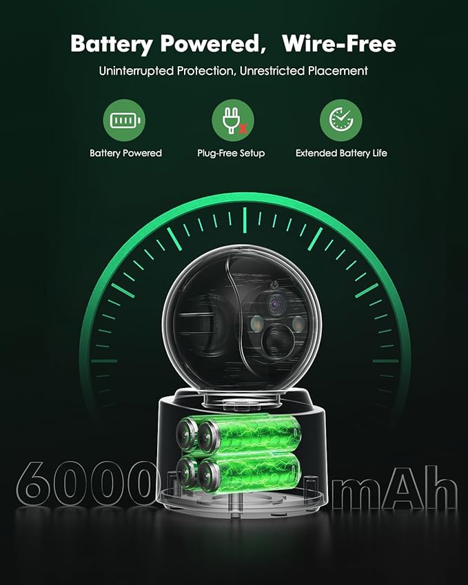 Battery Powered Indoor Camera Wireless, PTZ Pet Camera with 6000mAh Rechargeable, Dual-Band WiFi, 2.5K 4MP Color Night Vision, SD/Cloud Storage, 2-Way Audio, APP Remote, Cat/Dog/Kids/Home Monitoring