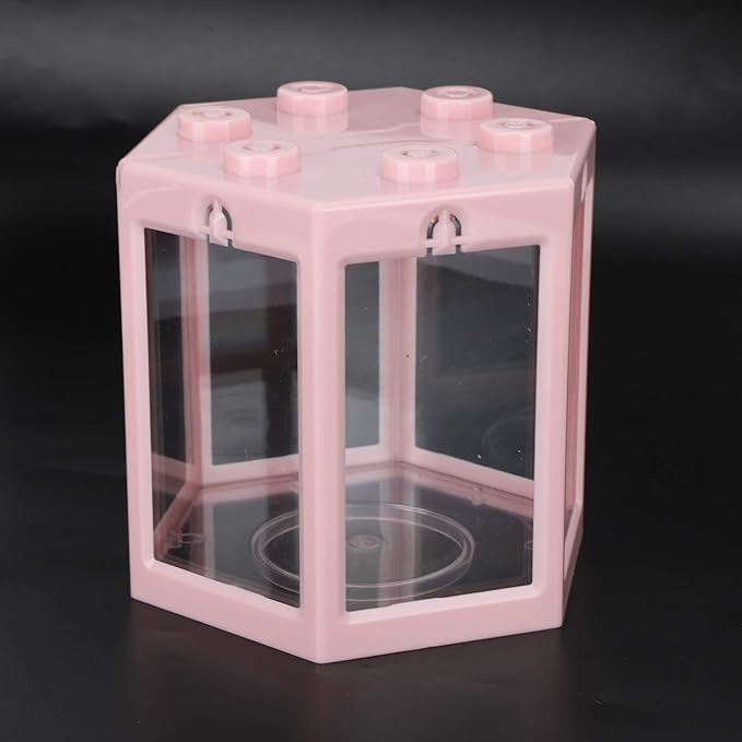 Small Betta Fish Tank, Hex Shape Portable Mini Aquarium Tank, Fish Tank Starter Kits Fish Bowl Aquarium Starter Kits for Turtle Reptile Shrimp Moss Crab Insects Habitat as Decoration(Pink)