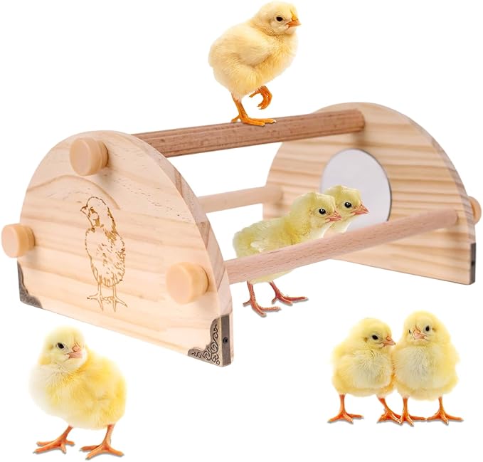 Pine Chicken Perch with Mirror and Metal Corners, Strong Solid Mini Small Chick Jungle Gym Roosting Bar, Chicken Toys for Coop and Brooder, Training Perch Toys for Large Bird, Parrot, Macaw, Hens