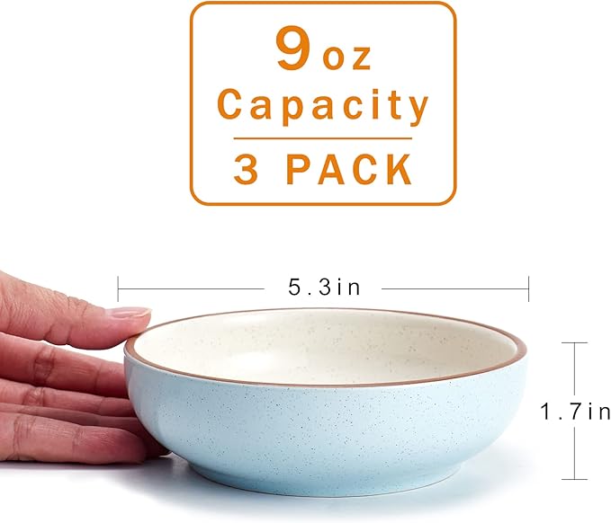 5.3 in Ceramic Cat Dishes - Shallow Food Bowls for Small Pets, 3 Pack for Food and Water - Blue