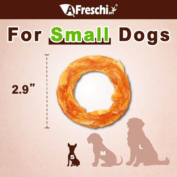 A Freschi srl Turkey Tendons for Dogs, USA-Sourced, Healthy Dog Treats, Rawhide-Free Puppy Chews, Long Lasting, All Natural, Hypoallergenic Dog Treats for Small Breeds, 6 Count Pack Ring (S)