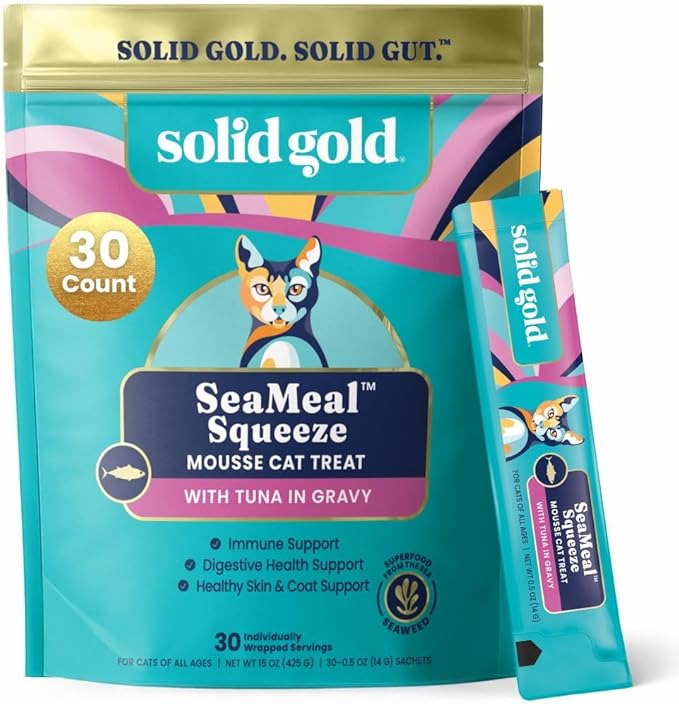 Solid Gold Lickable Cat Treats - Limited Ingredient Tuna SeaMeal™ Squeezable Healthy Cat Treats for Indoor Cats w/Seaweed for Gut & Immune Support - 0.5oz Pack of 30