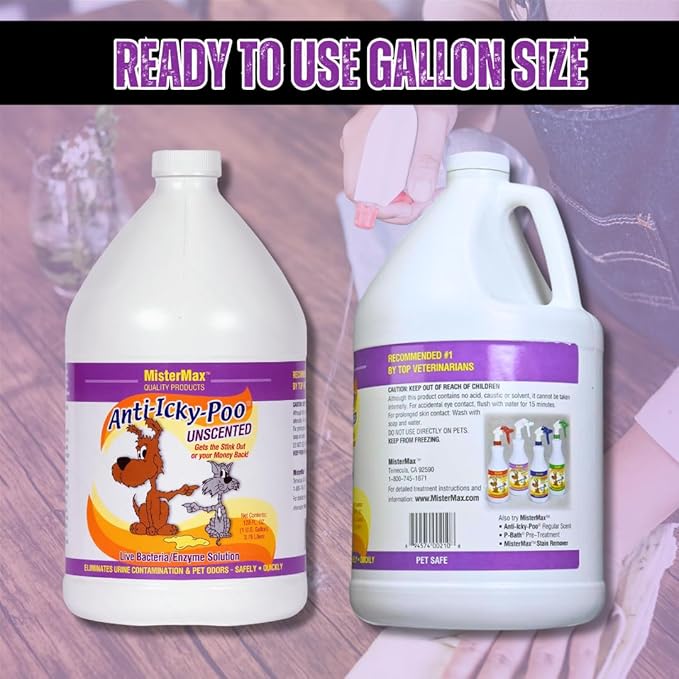 Mister Max Anti Icky Poo Pet Urine Enzyme Cleaner & Feces Odor Remover, Enzymatic Cleaner for Dog & Cat Urine, Pet Odor Remover Spray, 1 Gallon (Unscented)