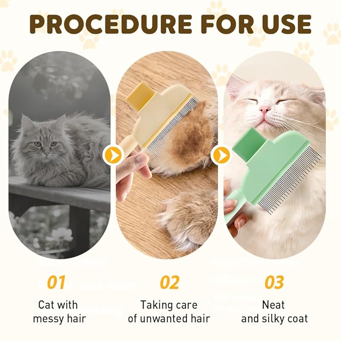 Self Cleaning Pet Hair Removal Comb, Pet Comb with Long Short Stainless Steel Metal Teeth, Cat Grooming Brush, Pet Grooming Supplies for Cat, dog (A - Green - 1 pcs)