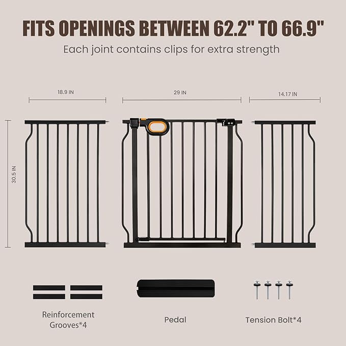 Extra Wide Baby Gate with Door Pressure Mounted 62.2-66.9 Inch,Child Dog Baby Safety Gates for Doorways,Walk Through Dog Gate Indoor for The House Kitchen Stairs No Drilling,Black