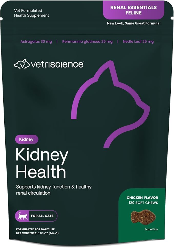 VetriScience Kidney Health Chews, Renal Essentials Supplement for Cats, Kidney Care and Support with Mushroom, Astragalus Root, Nettle Seed and Herbs, Chicken, 120 Count