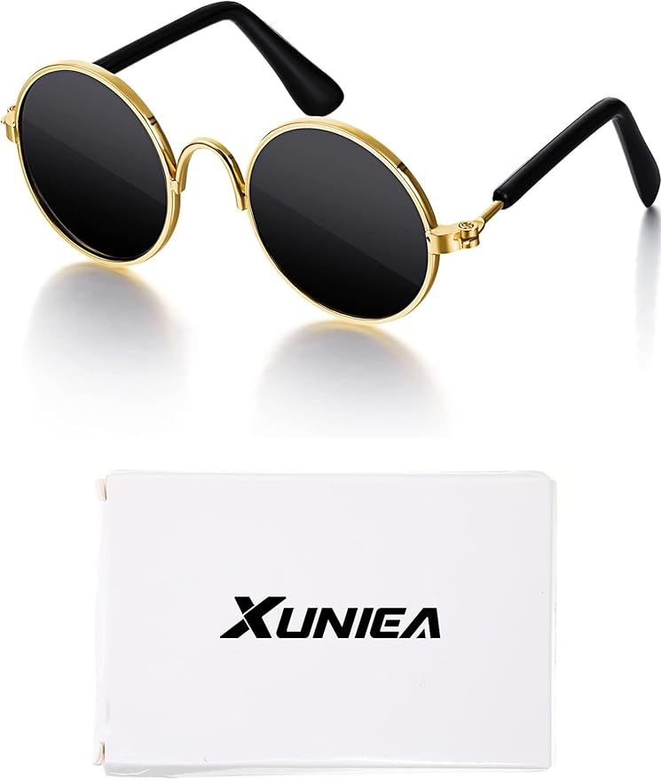 Dog Sunglasses Retro Pet Glasses Doll Glasses Classic Round Dog Glasses Metal Cat Puppy Eye Wear Hippie Costumes for Cats and Dogs, Photos Props Cosplay Party Costume (Gold, Black,Classic Style)