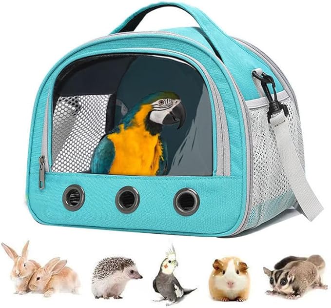 Parrot Carrier Travel Bird Carrier 12 * 8 * 10in Panoramic View with Plush Mat Metal Tray Grid Foot Pad for Parrot Hamster Hedgehog Rabbit Sugar Glider (Green)