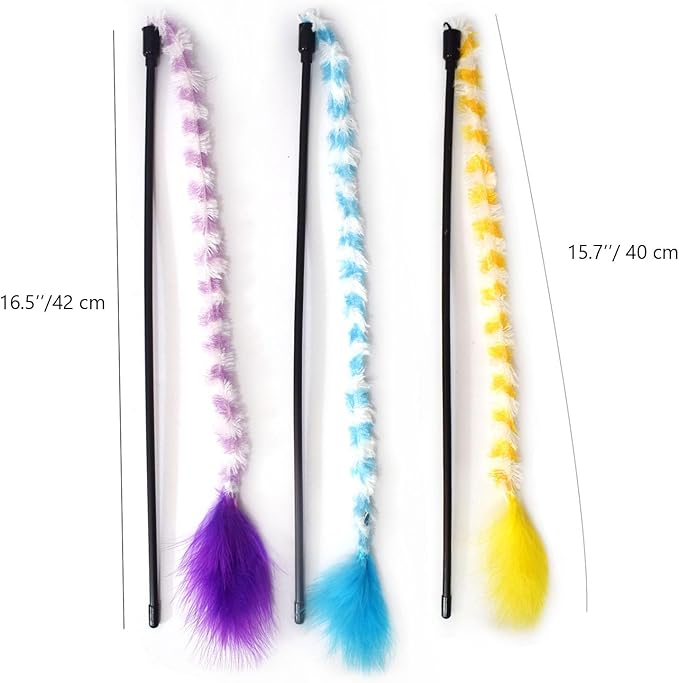 IUHKBH Cat Wand Toys 3 PCS Colorful Plush Strips Teaser Wands with Bell Interactive Cat Toys Cute Kitten Stick for All Breed Size