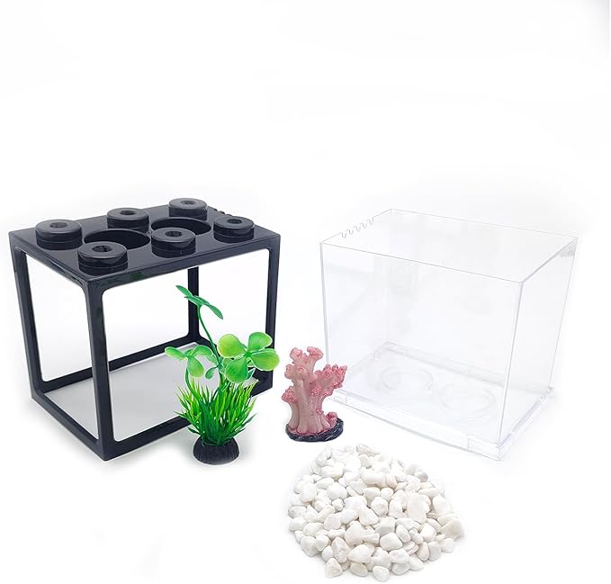 Black Desktop Aquarium Kit with Aquarium Gravel & Resin Decorations, 0.25 Gallon Cube Mini Fish Tank, Stackable Desktop Fishbowl for Sea Monkeys & Aquarium Landscape Enthusiasts