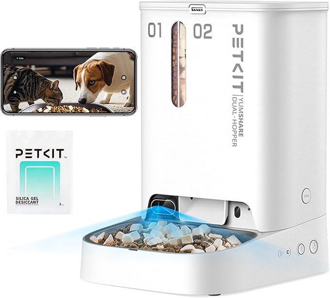 PETKIT Automatic Cat Dog Feeder with Camera, AI-Powered Motion Capturing, 1080P HD Video with Night Vision, 2.4G WiFi Pet Feeder with 2-Way Audio, Dual Hopper Pet Food Dispenser with Desiccant