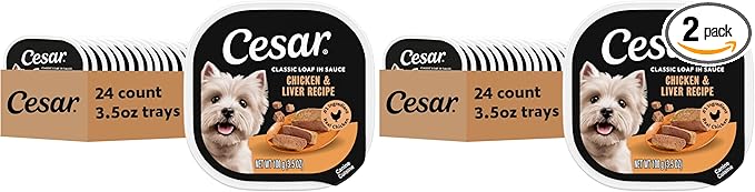 Cesar Classic Loaf in Sauce Adult Wet Dog Food Chicken and Liver Recipe, Wet Food for Dogs, 3.5 oz Easy Peel Trays, 24 Count (Pack of 2)
